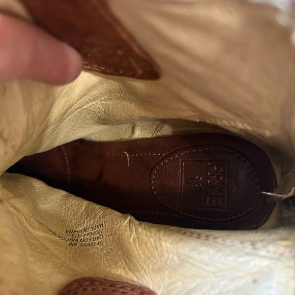 Frye Carson Wedge Cognac Brown Leather Ankle Booties Women’s Size 6 Zip Up Heel - Picture 13 of 13